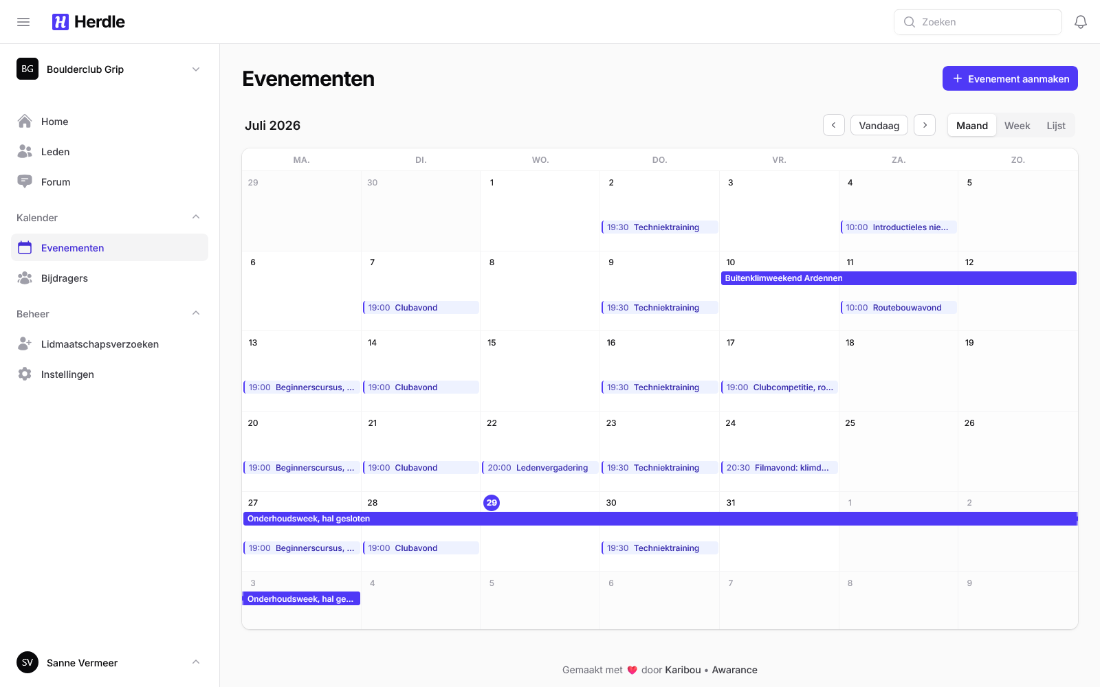 De maandweergave van de agenda in Herdle